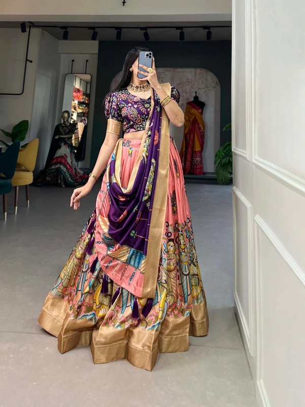 Azorte Fashion Buy Designer Lehenga Choli | Dola Silk & Kalamkari Print | Festive & Wedding Wear - Tonys Pink, Unstitched Blouse