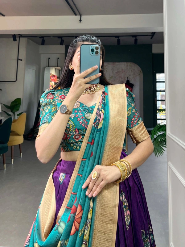 Azorte Fashion Buy Designer Lehenga Choli | Dola Silk & Kalamkari Print | Festive & Wedding Wear - Grape, Unstitched Blouse