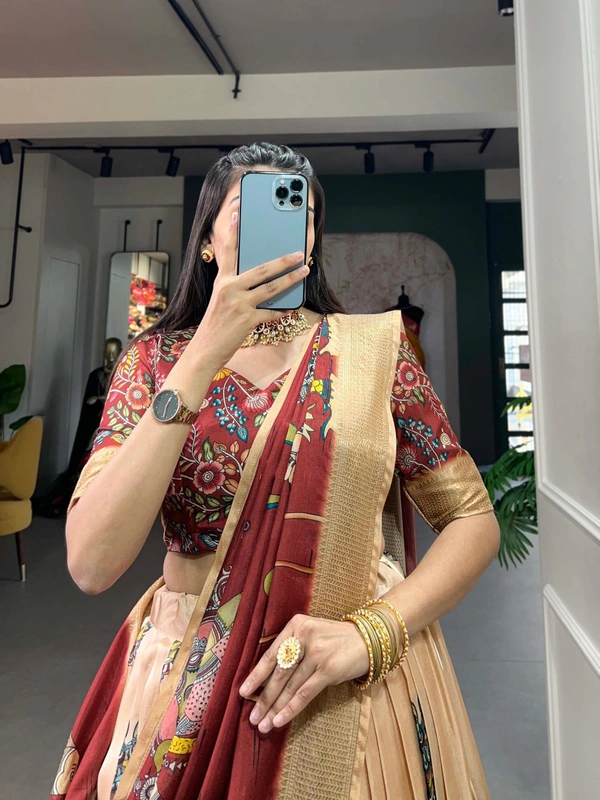 Azorte Fashion Buy Designer Lehenga Choli | Dola Silk & Kalamkari Print | Festive & Wedding Wear - Corvette, Unstitched Blouse