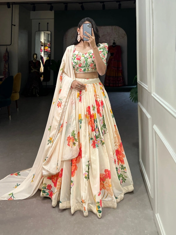Azorte Fashion Buy Floral Print Georgette Lehenga Choli | Designer Wedding & Festive Wear - Stitched Lehnga, Unstitched Blouse