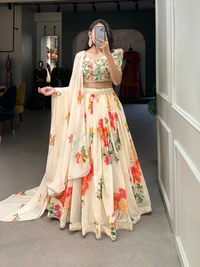 Azorte Fashion Buy Floral Print Georgette Lehenga Choli | Designer Wedding & Festive Wear - Stitched Lehnga, Unstitched Blouse