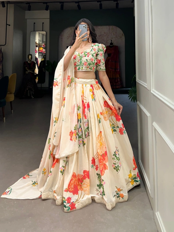 Azorte Fashion Buy Floral Print Georgette Lehenga Choli | Designer Wedding & Festive Wear - Stitched Lehnga, Unstitched Blouse