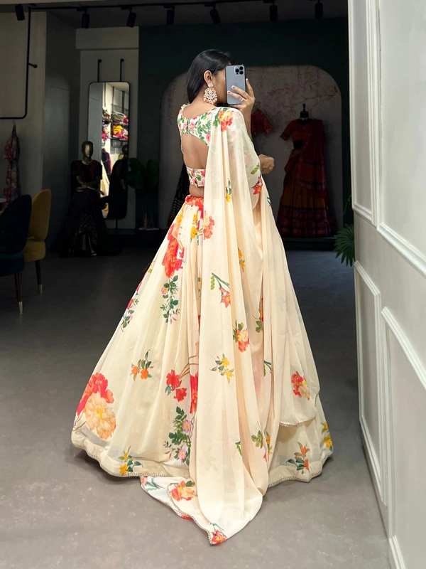 Azorte Fashion Buy Floral Print Georgette Lehenga Choli | Designer Wedding & Festive Wear - Stitched Lehnga, Unstitched Blouse