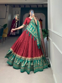 Azorte Fashion Buy Tussar Silk Lehenga Choli | Foil Print & Heavy Tassels | Festive & Wedding Wear - Unstitched Blouse, Stitched Lehnga
