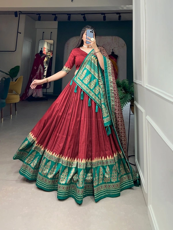 Azorte Fashion Buy Tussar Silk Lehenga Choli | Foil Print & Heavy Tassels | Festive & Wedding Wear - Unstitched Blouse, Stitched Lehnga