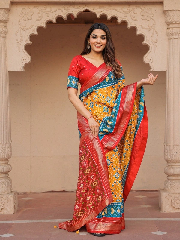 Azorte Fashion Dola Silk Patola Saree | Foil Print | Festive & Wedding Wear - Unstitched