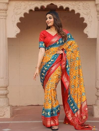 Azorte Fashion Dola Silk Patola Saree | Foil Print | Festive & Wedding Wear - Unstitched