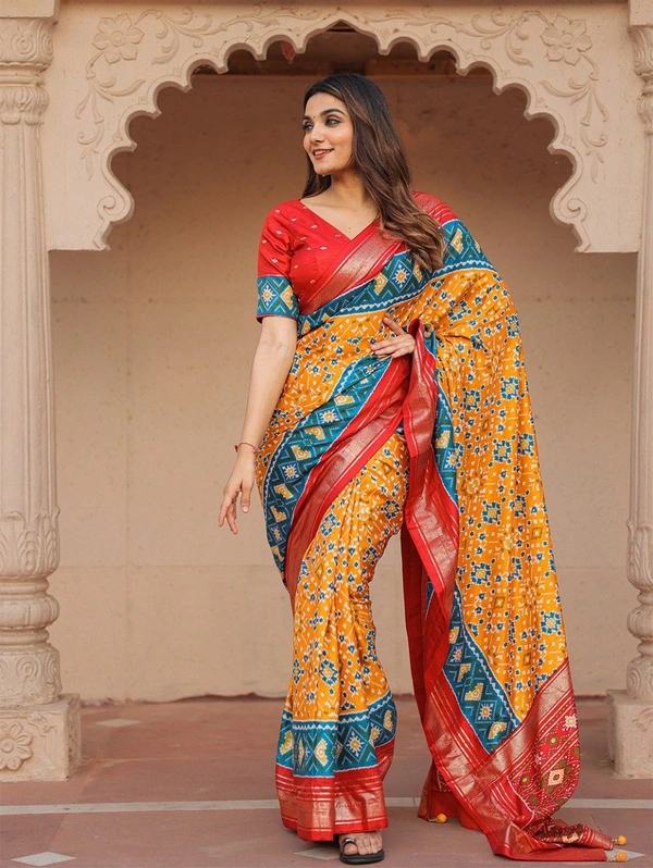 Azorte Fashion Dola Silk Patola Saree | Foil Print | Festive & Wedding Wear - Unstitched