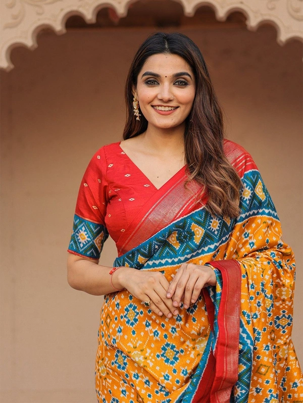 Azorte Fashion Dola Silk Patola Saree | Foil Print | Festive & Wedding Wear - Unstitched