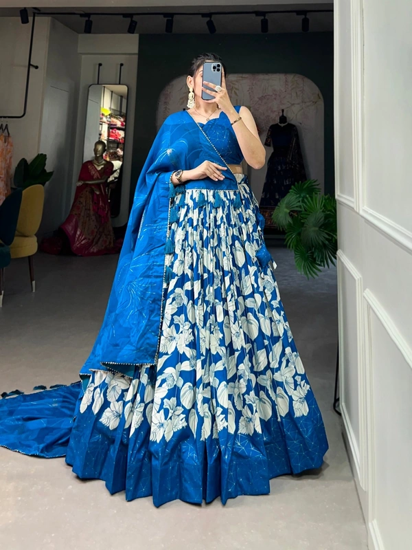 Azorte Fashion Amrita Tussar Silk Lehenga Choli | Floral & Foil Print | Festive & Wedding Wear - Lochmara, Stitched, Unstitched Blouse