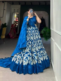 Azorte Fashion Amrita Tussar Silk Lehenga Choli | Floral & Foil Print | Festive & Wedding Wear - Lochmara, Stitched, Unstitched Blouse