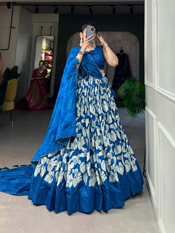 Azorte Fashion Amrita Tussar Silk Lehenga Choli | Floral & Foil Print | Festive & Wedding Wear - Lochmara, Stitched, Unstitched Blouse