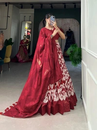 Azorte Fashion Amrita Tussar Silk Lehenga Choli | Floral & Foil Print | Festive & Wedding Wear - Stiletto, Stitched, Unstitched Blouse
