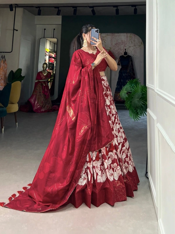 Azorte Fashion Amrita Tussar Silk Lehenga Choli | Floral & Foil Print | Festive & Wedding Wear - Stiletto, Stitched, Unstitched Blouse