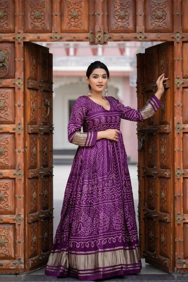 Azorte Fashion Gaji Silk Bandhej Print Gown | 4-Meter Flair | Ready-to-Wear - Wine Berry, M