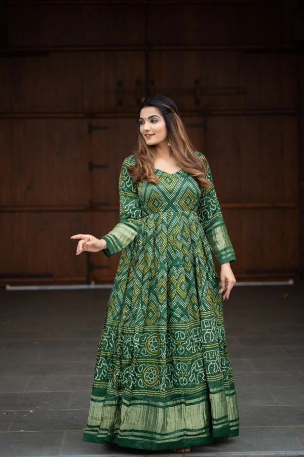 Azorte Fashion Gaji Silk Bandhej Print Gown | 4-Meter Flair | Ready-to-Wear - Stromboli, XL