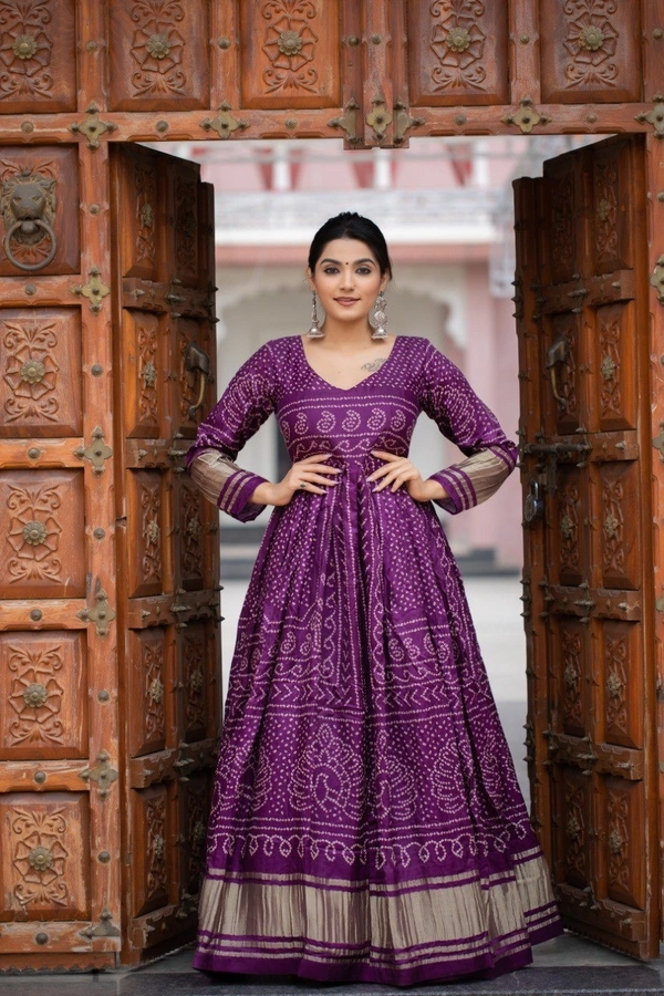 Azorte Fashion Gaji Silk Bandhej Print Gown | 4-Meter Flair | Ready-to-Wear - Wine Berry, M