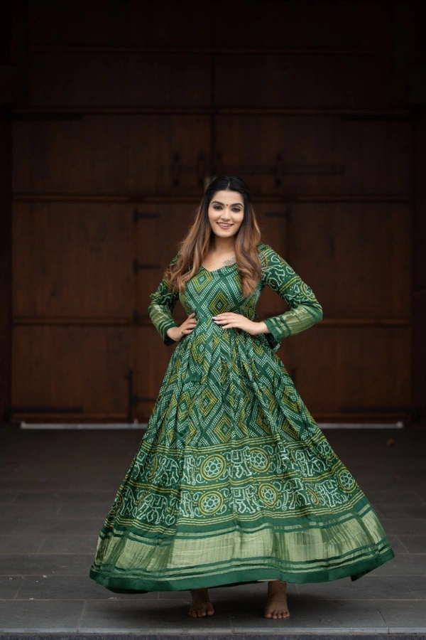 Azorte Fashion Gaji Silk Bandhej Print Gown | 4-Meter Flair | Ready-to-Wear - Stromboli, XL