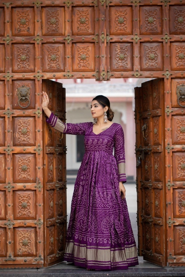 Azorte Fashion Gaji Silk Bandhej Print Gown | 4-Meter Flair | Ready-to-Wear - Wine Berry, M