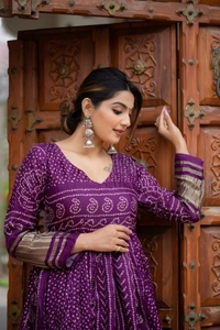Azorte Fashion Gaji Silk Bandhej Print Gown | 4-Meter Flair | Ready-to-Wear - Wine Berry, M