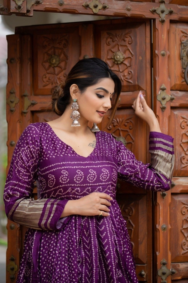 Azorte Fashion Gaji Silk Bandhej Print Gown | 4-Meter Flair | Ready-to-Wear - Wine Berry, M