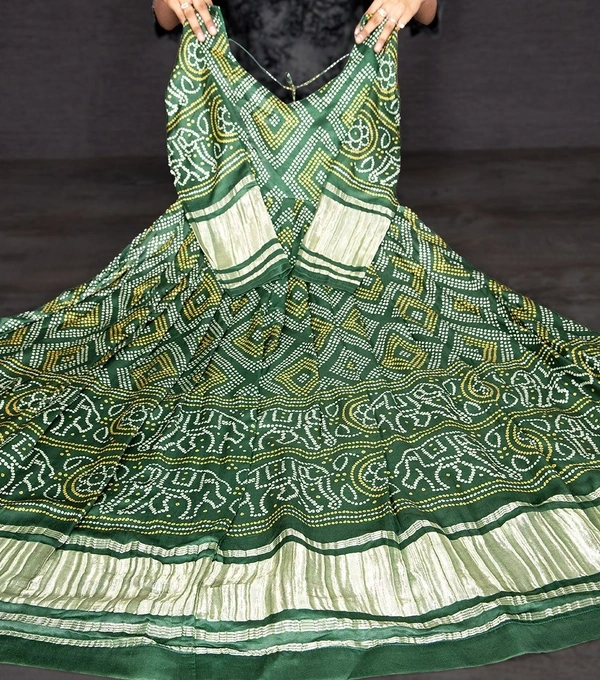Azorte Fashion Gaji Silk Bandhej Print Gown | 4-Meter Flair | Ready-to-Wear - Stromboli, XL