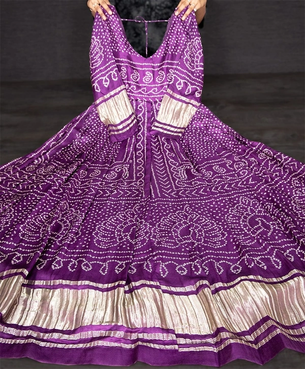 Azorte Fashion Gaji Silk Bandhej Print Gown | 4-Meter Flair | Ready-to-Wear - Wine Berry, M
