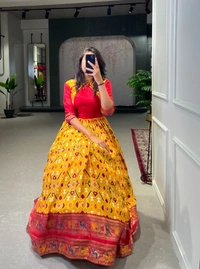 Azorte Fashion Dola Silk Gown | Patola Paithani Print | Ready-to-Wear | 4-Meter Flair - L