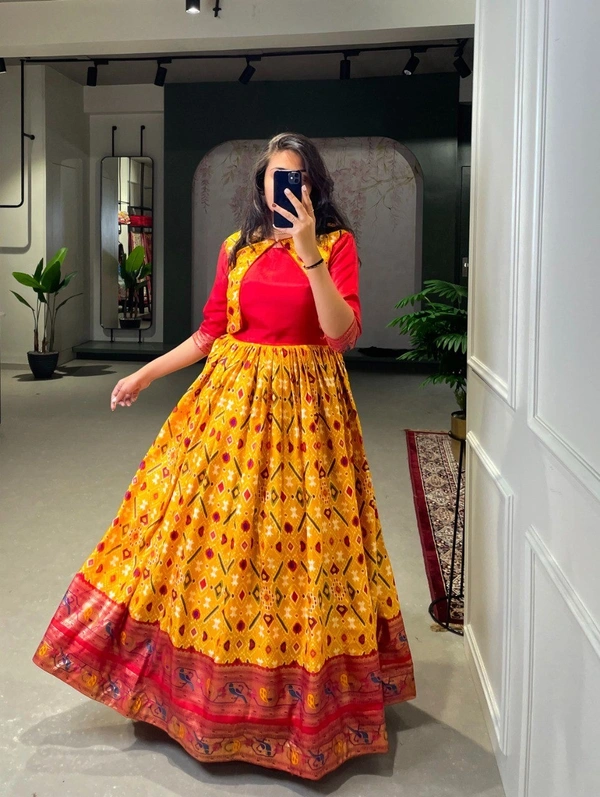 Azorte Fashion Dola Silk Gown | Patola Paithani Print | Ready-to-Wear | 4-Meter Flair - L