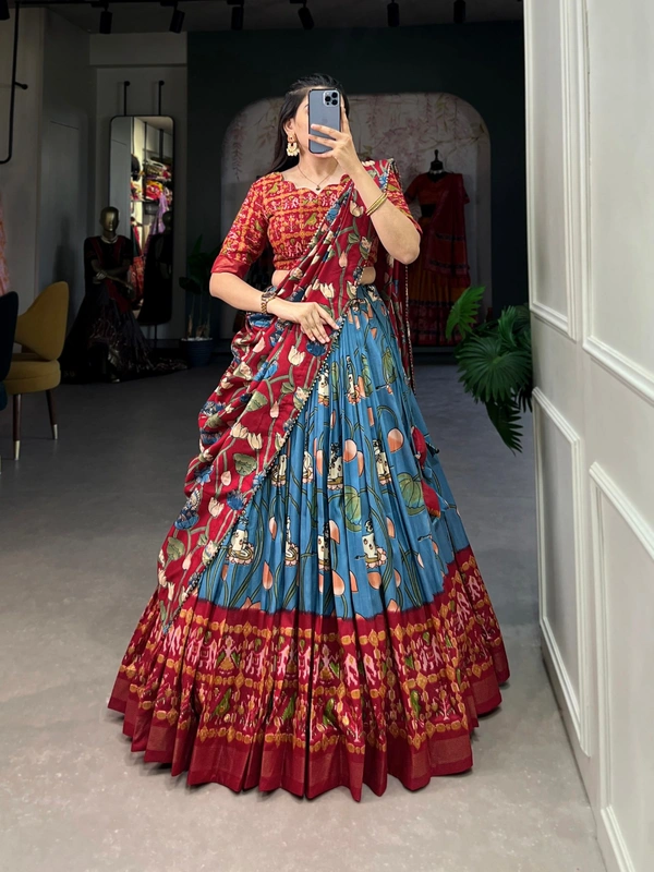 Azorte Fashion Ishanya Tussar Silk Lehenga | Pichwai & Patola Print | Wedding & Festive Wear - Jelly Bean, Stitched, Unstitched Blouse