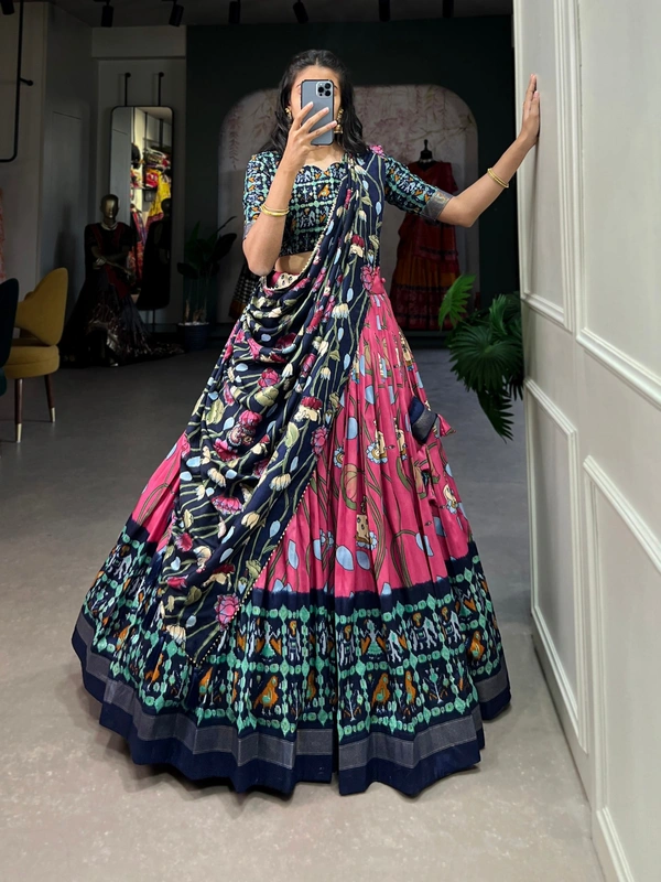 Azorte Fashion Ishanya Tussar Silk Lehenga | Pichwai & Patola Print | Wedding & Festive Wear - Cranberry, Stitched, Unstitched Blouse