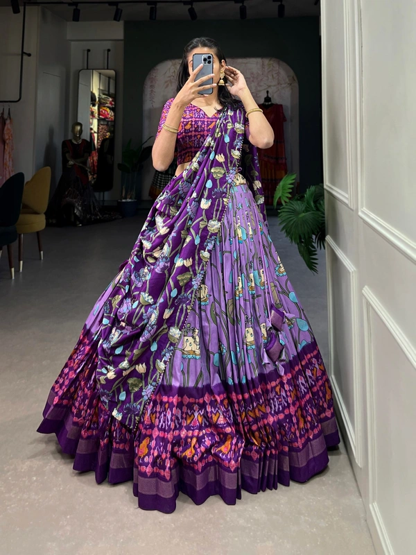 Azorte Fashion Ishanya Tussar Silk Lehenga | Pichwai & Patola Print | Wedding & Festive Wear - Lavender, Stitched, Unstitched Blouse