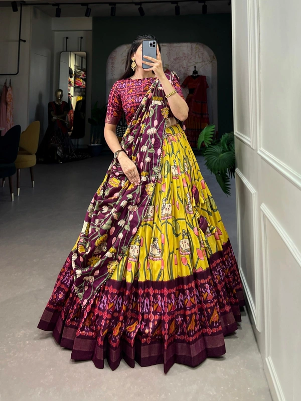 Azorte Fashion Ishanya Tussar Silk Lehenga | Pichwai & Patola Print | Wedding & Festive Wear - Galliano, Stitched, Unstitched Blouse