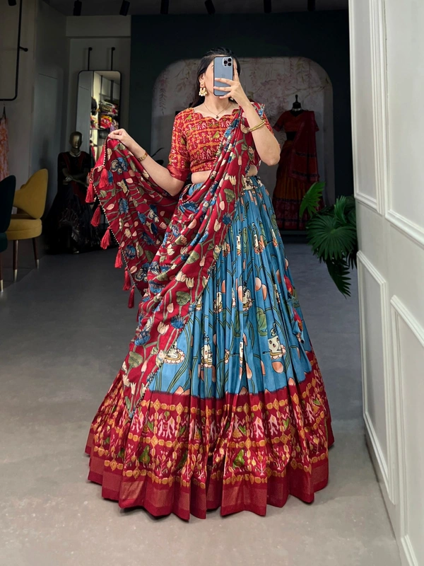 Azorte Fashion Ishanya Tussar Silk Lehenga | Pichwai & Patola Print | Wedding & Festive Wear - Jelly Bean, Stitched, Unstitched Blouse