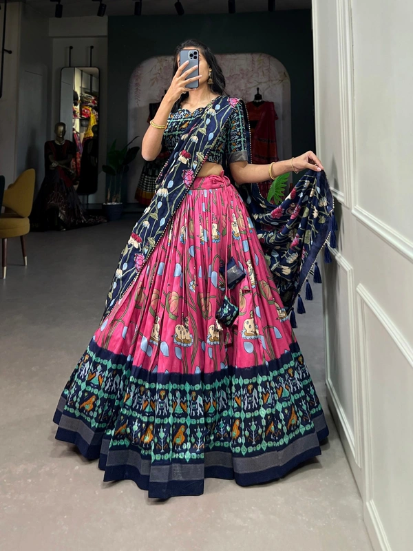 Azorte Fashion Ishanya Tussar Silk Lehenga | Pichwai & Patola Print | Wedding & Festive Wear - Cranberry, Stitched, Unstitched Blouse