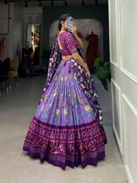 Azorte Fashion Ishanya Tussar Silk Lehenga | Pichwai & Patola Print | Wedding & Festive Wear - Lavender, Stitched, Unstitched Blouse