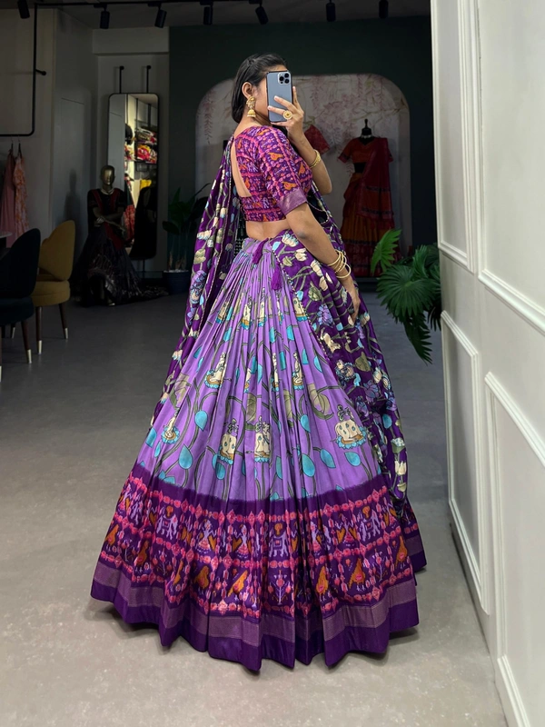 Azorte Fashion Ishanya Tussar Silk Lehenga | Pichwai & Patola Print | Wedding & Festive Wear - Lavender, Stitched, Unstitched Blouse
