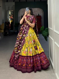 Azorte Fashion Ishanya Tussar Silk Lehenga | Pichwai & Patola Print | Wedding & Festive Wear - Galliano, Stitched, Unstitched Blouse