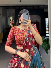 Azorte Fashion Ishanya Tussar Silk Lehenga | Pichwai & Patola Print | Wedding & Festive Wear - Jelly Bean, Stitched, Unstitched Blouse
