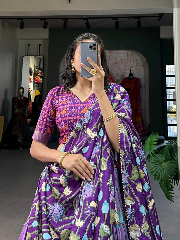 Azorte Fashion Ishanya Tussar Silk Lehenga | Pichwai & Patola Print | Wedding & Festive Wear - Lavender, Stitched, Unstitched Blouse