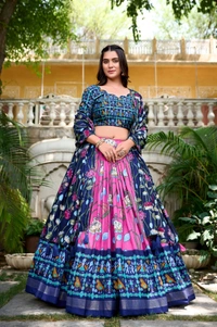Azorte Fashion Ishanya Tussar Silk Lehenga | Pichwai & Patola Print | Wedding & Festive Wear - Cranberry, Stitched, Unstitched Blouse