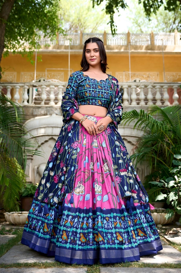 Azorte Fashion Ishanya Tussar Silk Lehenga | Pichwai & Patola Print | Wedding & Festive Wear - Cranberry, Stitched, Unstitched Blouse