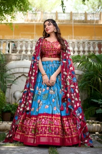 Azorte Fashion Ishanya Tussar Silk Lehenga | Pichwai & Patola Print | Wedding & Festive Wear - Jelly Bean, Stitched, Unstitched Blouse