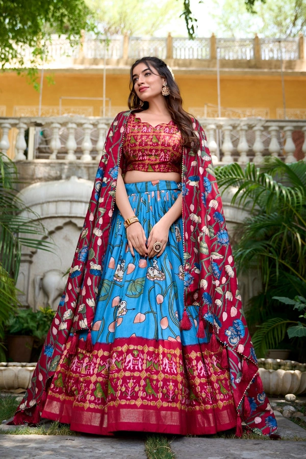 Azorte Fashion Ishanya Tussar Silk Lehenga | Pichwai & Patola Print | Wedding & Festive Wear - Jelly Bean, Stitched, Unstitched Blouse
