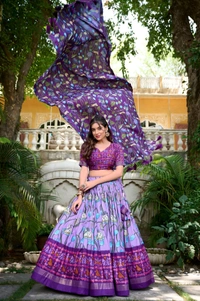 Azorte Fashion Ishanya Tussar Silk Lehenga | Pichwai & Patola Print | Wedding & Festive Wear - Lavender, Stitched, Unstitched Blouse