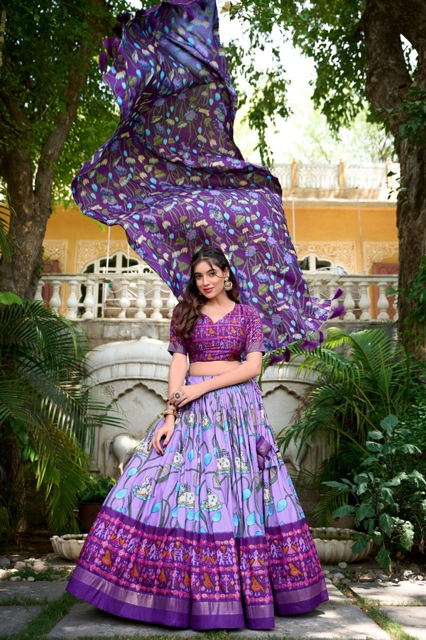 Azorte Fashion Ishanya Tussar Silk Lehenga | Pichwai & Patola Print | Wedding & Festive Wear - Lavender, Stitched, Unstitched Blouse