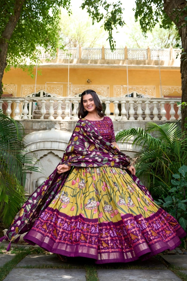 Azorte Fashion Ishanya Tussar Silk Lehenga | Pichwai & Patola Print | Wedding & Festive Wear - Galliano, Stitched, Unstitched Blouse