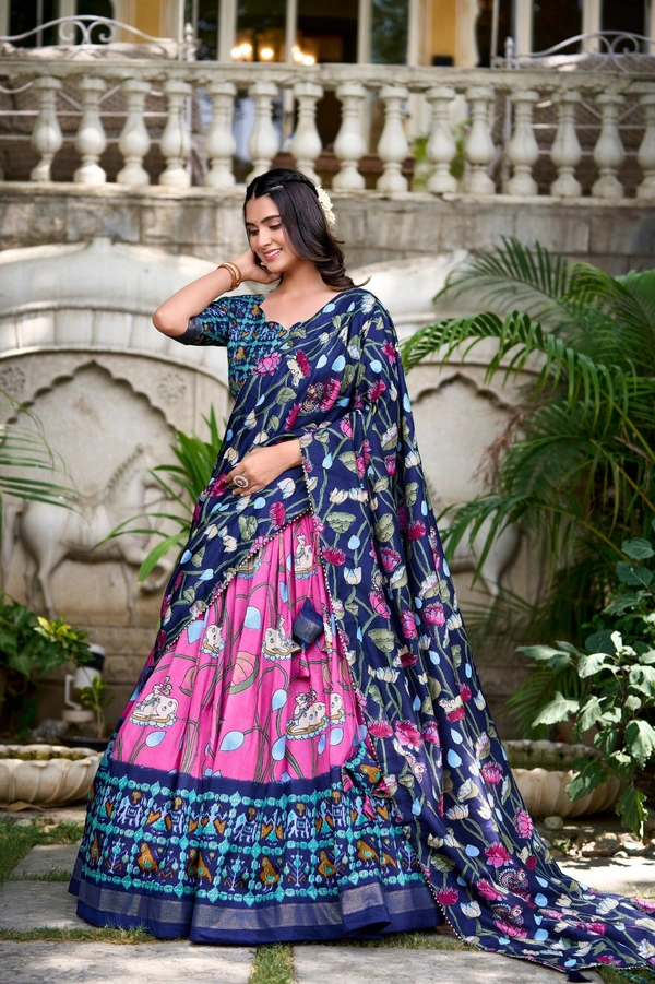 Azorte Fashion Ishanya Tussar Silk Lehenga | Pichwai & Patola Print | Wedding & Festive Wear - Cranberry, Stitched, Unstitched Blouse