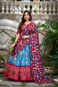 Azorte Fashion Ishanya Tussar Silk Lehenga | Pichwai & Patola Print | Wedding & Festive Wear - Jelly Bean, Stitched, Unstitched Blouse