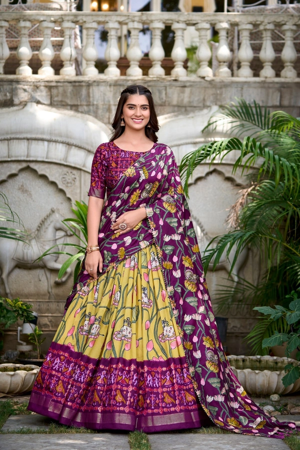 Azorte Fashion Ishanya Tussar Silk Lehenga | Pichwai & Patola Print | Wedding & Festive Wear - Galliano, Stitched, Unstitched Blouse